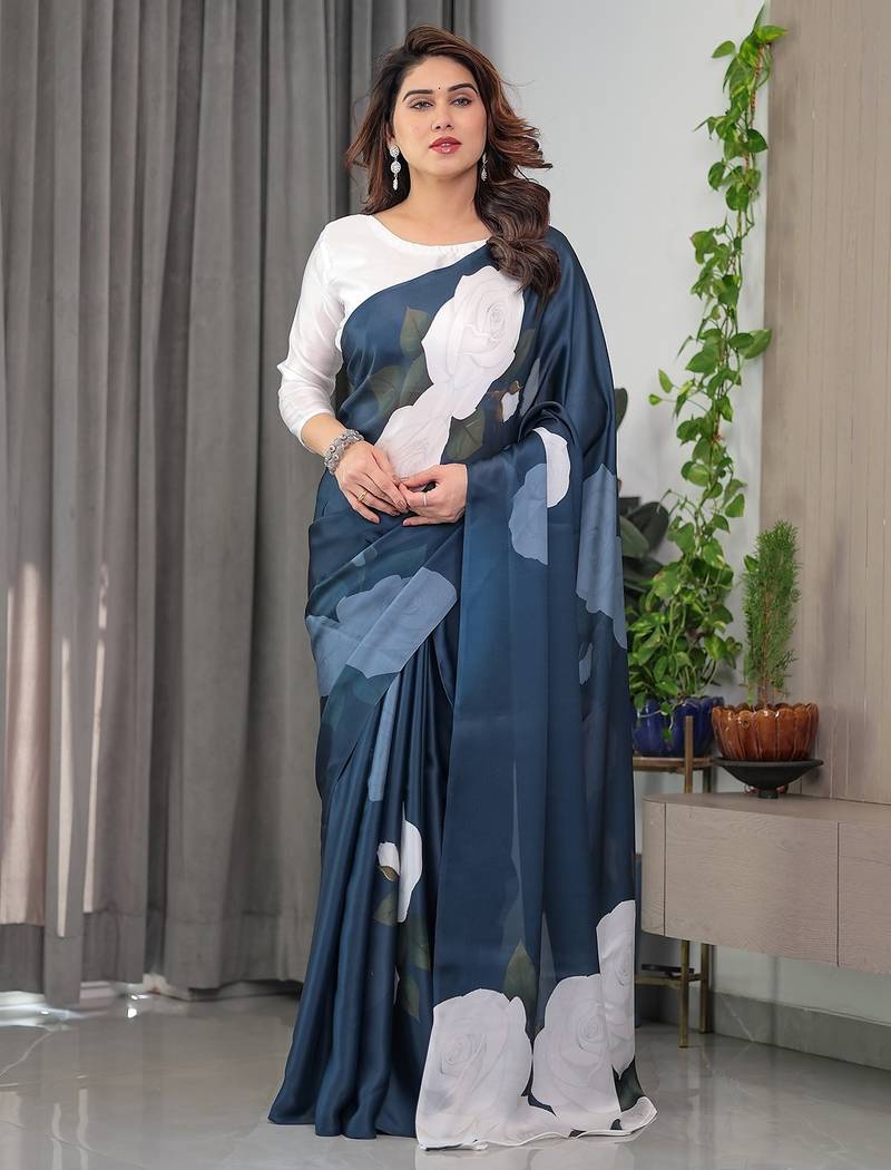 Modern floral satin georgette saree with matching blouse