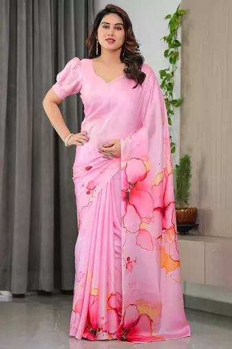 Women's satin georgette floral printed saree with blouse piece