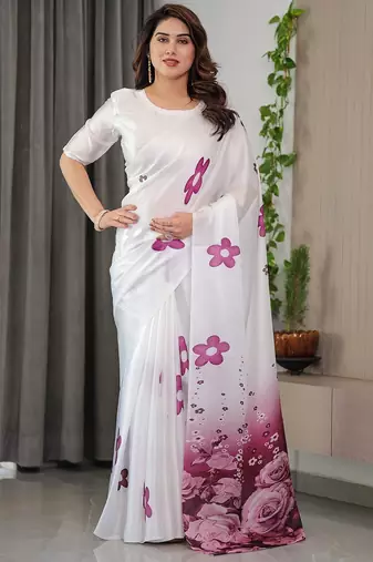Elegant floral printed satin georgette saree with attached blouse