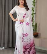 Elegant floral printed satin georgette saree with attached blouse