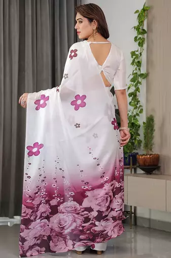 Elegant floral printed satin georgette saree with attached blouse