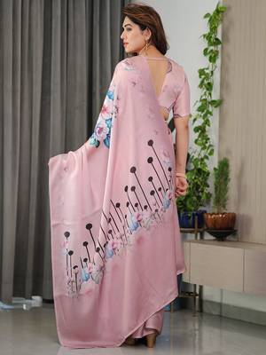 Stylish floral pattern satin georgette saree with blouse piece 4