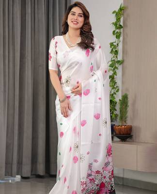 Party wear floral printed satin georgette saree with blouse 3
