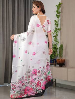 Party wear floral printed satin georgette saree with blouse 4