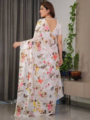 Designer floral satin georgette saree with attached blouse piece 4