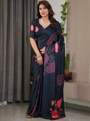 Women's floral designer satin georgette saree with blouse 1