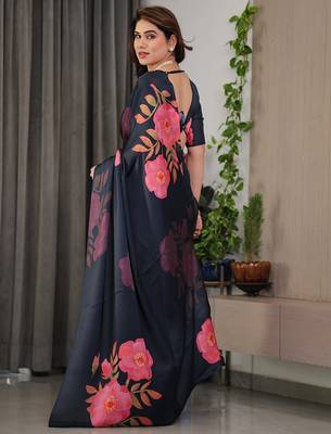 Women's floral designer satin georgette saree with blouse 4