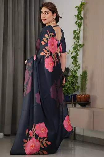Women's floral designer satin georgette saree with blouse