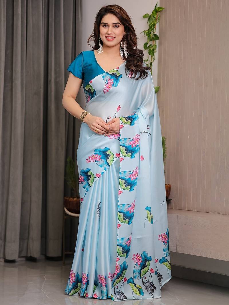 Stylish floral pattern satin georgette saree for women