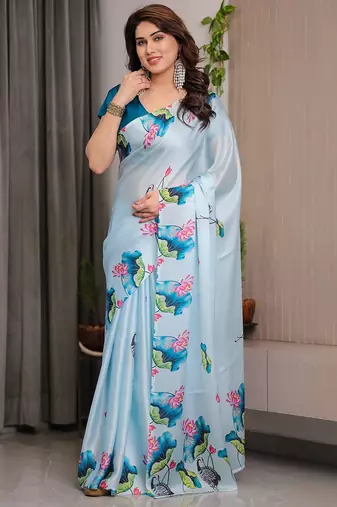 Stylish floral pattern satin georgette saree for women