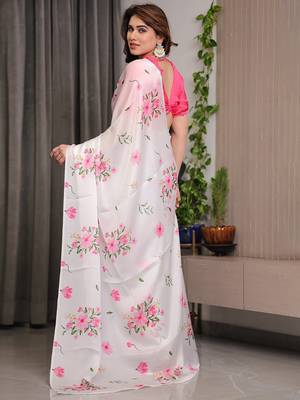 Women's satin georgette floral printed saree with blouse piece 4