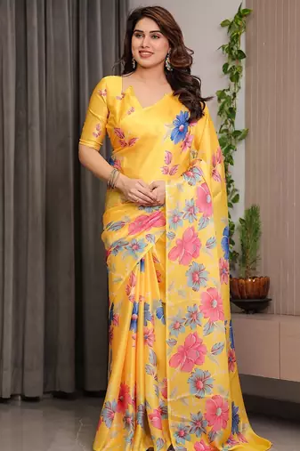 Elegant floral printed satin georgette saree with attached blouse