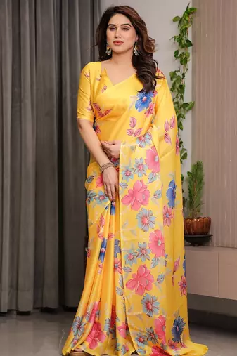 Elegant floral printed satin georgette saree with attached blouse
