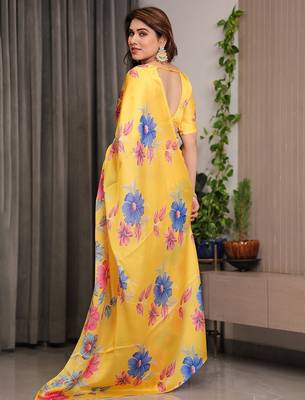 Elegant floral printed satin georgette saree with attached blouse 4