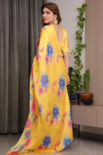 Elegant floral printed satin georgette saree with attached blouse