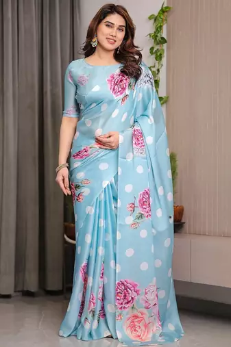 Stylish floral pattern satin georgette saree with blouse piece