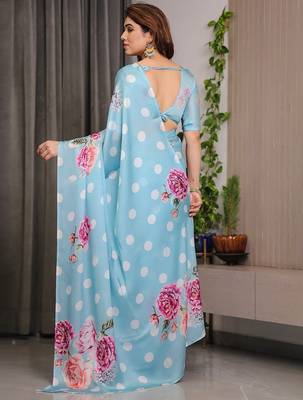 Stylish floral pattern satin georgette saree with blouse piece 4