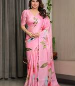 Trendy women's satin georgette printed saree with floral design