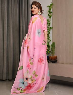 Trendy women's satin georgette printed saree with floral design 4
