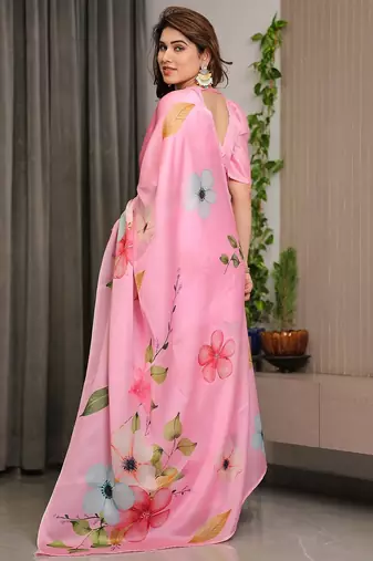 Trendy women's satin georgette printed saree with floral design