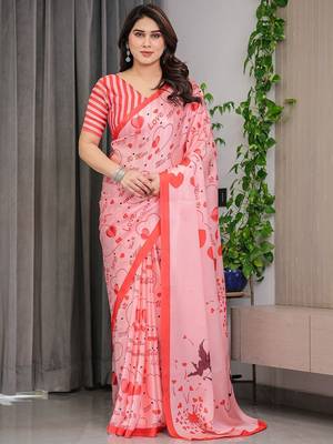 Designer floral satin georgette saree with attached blouse piece 1