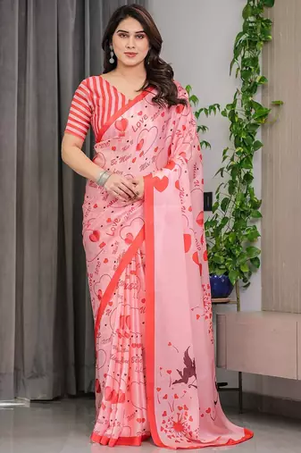 Designer floral satin georgette saree with attached blouse piece