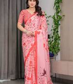 Designer floral satin georgette saree with attached blouse piece