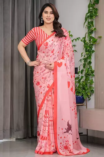 Designer floral satin georgette saree with attached blouse piece