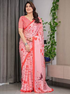 Designer floral satin georgette saree with attached blouse piece 3