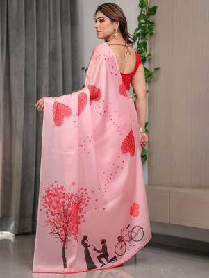 Women's satin georgette floral printed saree with blouse piece 4