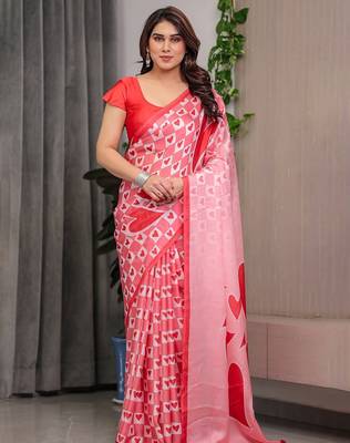 Elegant floral printed satin georgette saree with attached blouse 1