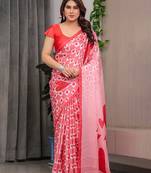Elegant floral printed satin georgette saree with attached blouse