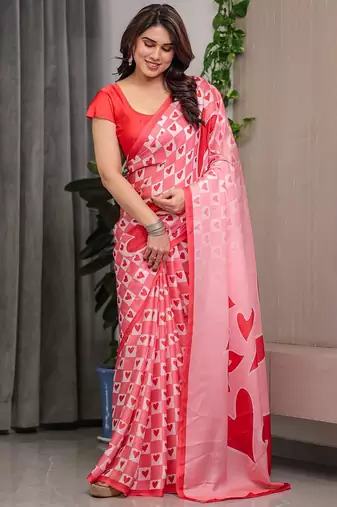 Elegant floral printed satin georgette saree with attached blouse