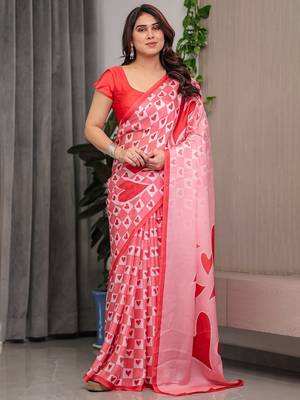 Elegant floral printed satin georgette saree with attached blouse 3