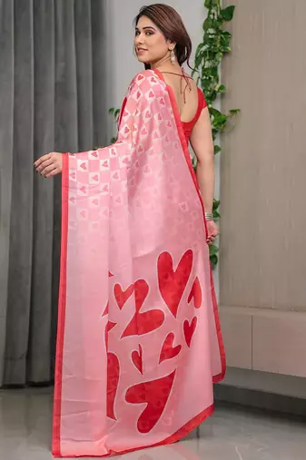 Elegant floral printed satin georgette saree with attached blouse