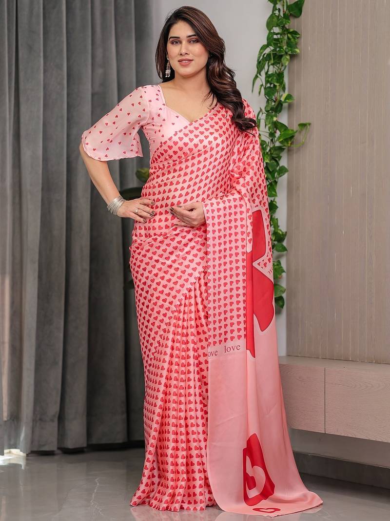 Stylish floral pattern satin georgette saree with blouse piece