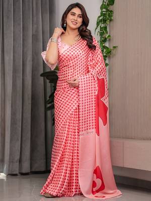 Stylish floral pattern satin georgette saree with blouse piece 3