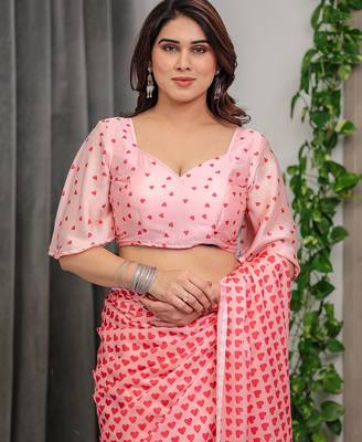 Stylish floral pattern satin georgette saree with blouse piece 5