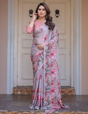 Party wear floral printed satin georgette saree with blouse 1