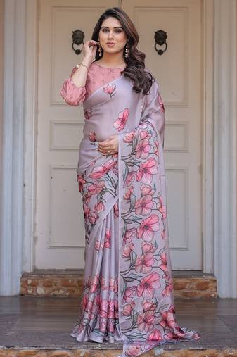 Party wear floral printed satin georgette saree with blouse