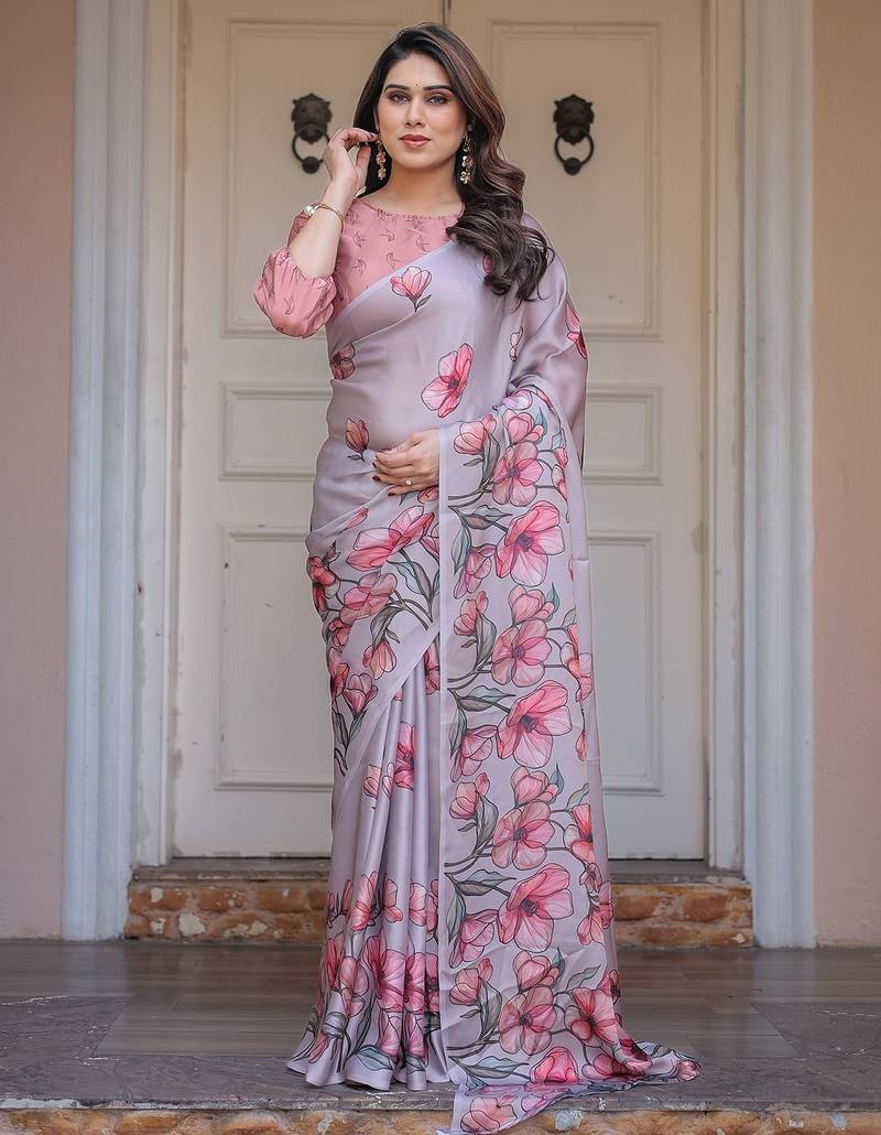 Party wear floral printed satin georgette saree with blouse