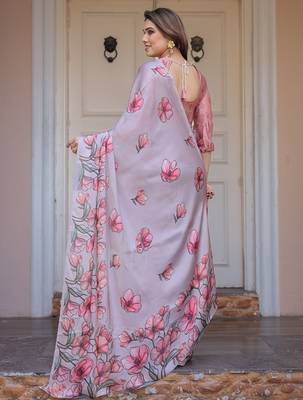 Party wear floral printed satin georgette saree with blouse 3