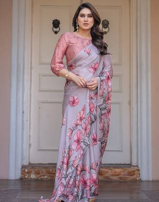 Party wear floral printed satin georgette saree with blouse 4