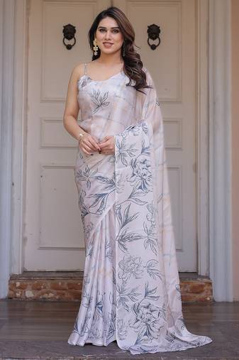 Designer floral satin georgette saree with attached blouse piece