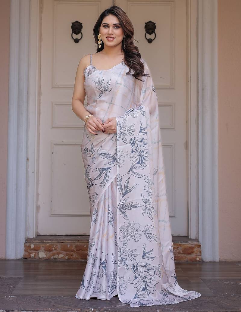 Designer floral satin georgette saree with attached blouse piece