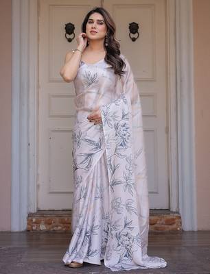 Designer floral satin georgette saree with attached blouse piece 2