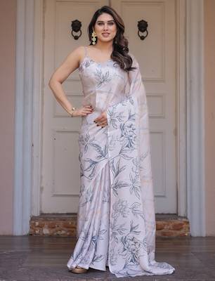 Designer floral satin georgette saree with attached blouse piece 3
