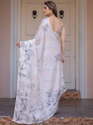 Designer floral satin georgette saree with attached blouse piece 4