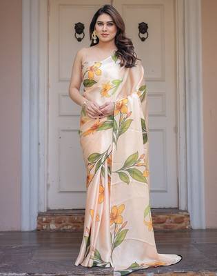 Soft satin georgette floral print saree for festive & party wear 1