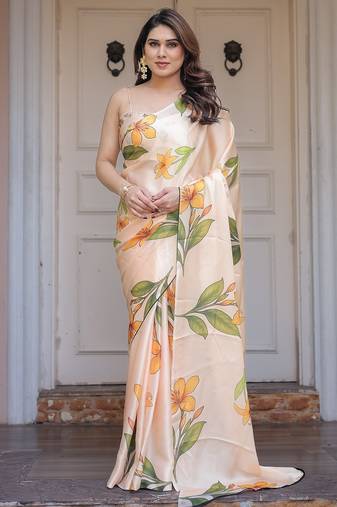 Soft satin georgette floral print saree for festive & party wear